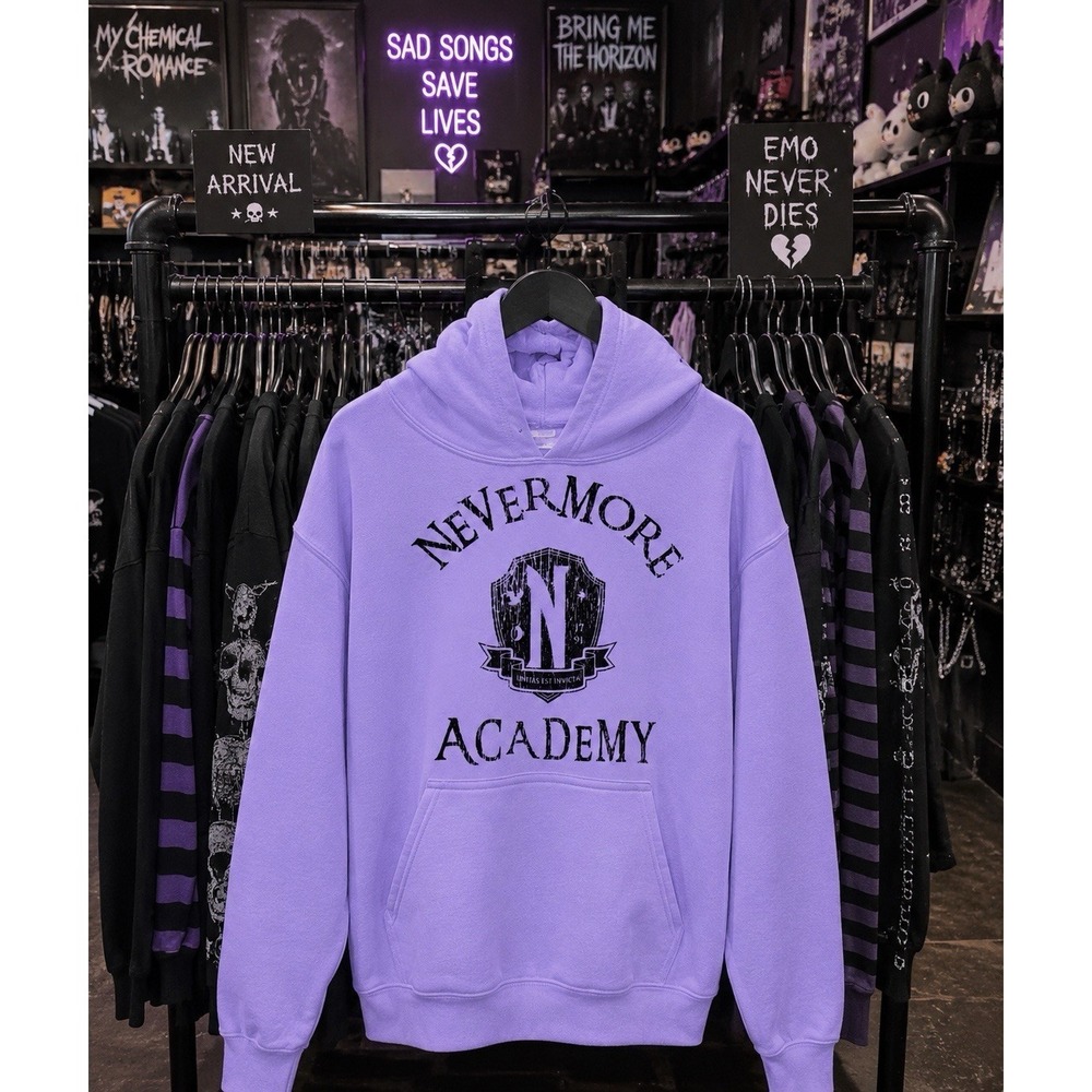 Wednesday Nevermore Academy Hoodie Women M Lavender Emo Goth Adams Family Jenna